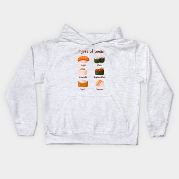 Watercolor Types Of Sushi Kids Hoodie by rustydoodle